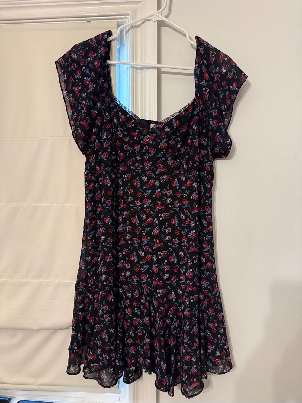 Rewind Black Floral Mini Dress with Pink & Blue Roses